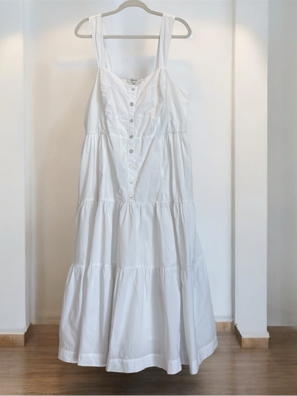 Retail $128 Madewell Button-Front Tiered Midi Dress White Cotton Poplin Sz 14W